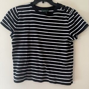 Lauren Ralph Womens Top Black White Striped Boat Neck Pullover Sz L Short Sleeve
